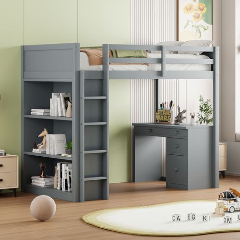 AMXCNOY Lit mezzanine 90 x 200 cm avec armoires de rangement et bureau informatique, lit mezzanine multifonctionnel pour enfants en bois gris