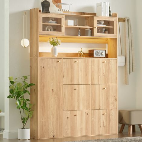 Meuble à chaussures naturel avec LED, façade en verre, 6 abattants et 1 porte, 130x25x85 cm (1/5)