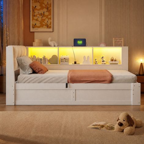 Cama con almacenaje (209x113.8x80.6 cm), apertura hidráulica lateral, estante, USB y LED, pino, MDF y lino blanco (1/5)