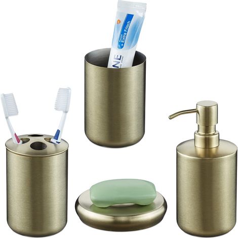 Accessoires de Salle de Bain, 4 pièces, Acier INOX, Porte-Savon, Distributeur de Savon, gobelets, doré (1/5)