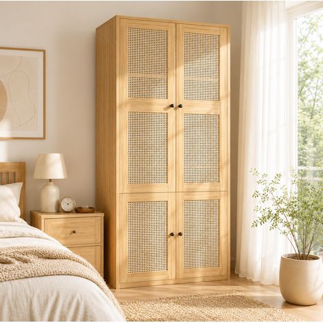 MODFU – Armario 90x47x200 cm de MDF/ratán con ropero, 3 cajones, 4 compartimentos, puertas de ratán y carga 30/20 kg – Roble (1/5)