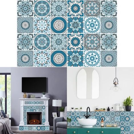 24 pezzi - Adesivi per piastrelle - Adesivi decorativi in PVC impermeabile - Adesivi murali per bagno e cucina - Decorazione murale - Adesivi murali autoadesivi - Stile mosaico - Vintage - Blu - 1515 