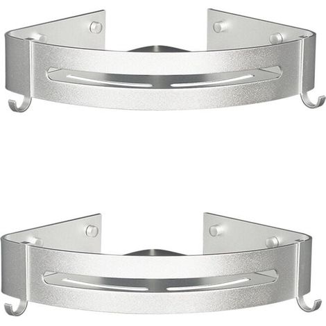 2er-Pack Eck-Duschregal aus Metall ohne Bohren mit 2 Duschhaken, rostfreier, selbstklebender Halter für Badezimmerartikel (Silber), (1/4)