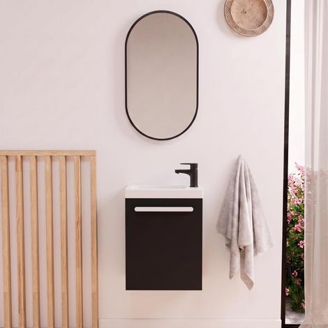 Set lavabo sospeso Nevada con rubinetto nero e specchio ovale (1/5)