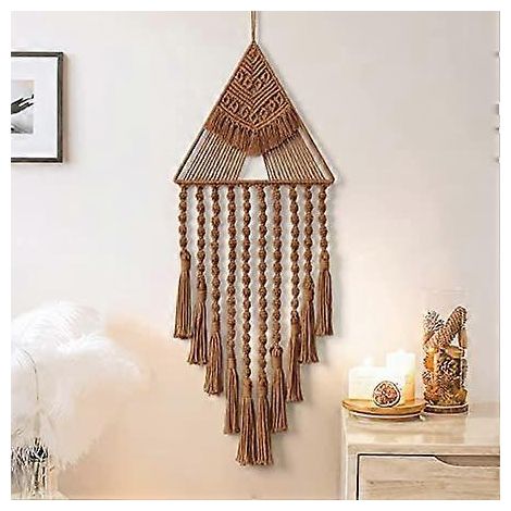 (Marron) Attrape-rêves mural en macramé tissé, motif géométrique triangulaire à pompons, style bohème, décoration intérieure (1/5)