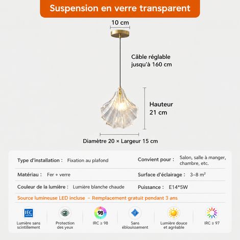 Suspension Design Coquillage modèle suspension en verre transparent, lumière blanche requise, 31 × 31 × 21 cm, 1,3 kg – Livraison gratuite