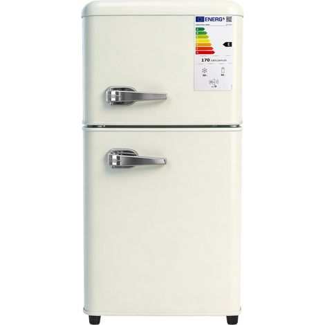 Réfrigérateur combiné crème 2 portes 86L total (frais 56L + congélateur 30L), classe énergétique E, 7 réglages température, éclairage LED, étagères modulables silencieux 45dB pour cuisine salon bureau (1/5)