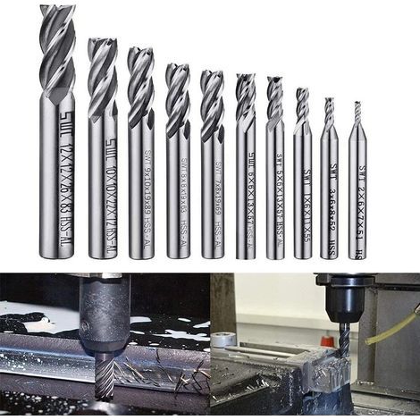 Jeu de 10 forets à quatre goujures - Fraises de 2 à 12 mm - HSS - pour usinage CNC, pour le perçage du bois, de l'aluminium, de l'acier et du titane (1/4)