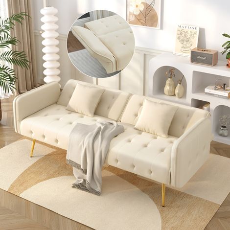 Zweisitzer Sofabett (215 x 81.5 cm), verstellbare Rückenlehne, mehrstufige Armlehnen, Velours, Beige (1/5)