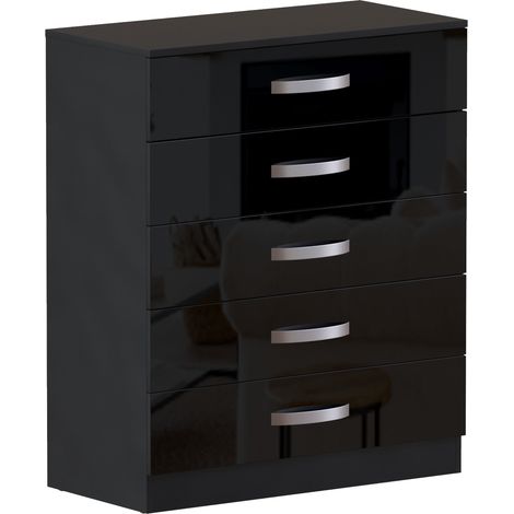 Hulio 5 Drawer Chest of Drawers High Gloss Bedroom Storage Furniture, Black