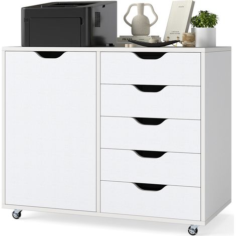 COSTWAY 5-Drawer Chest Mobile Chest of Drawers with Adjustable Shelf-White