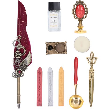 Kit Plume et Encre Vintage avec Sceau en Cire Brillant, Ensemble Tampon Rouge pour Enveloppes Lettres DIY (1/5)