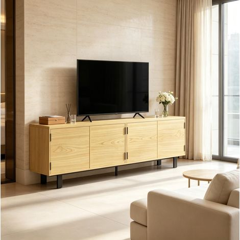 Mueble TV de 180 cm para televisor de hasta 82 pulgadas, 4 puertas a presión, efecto madera natural (1/5)