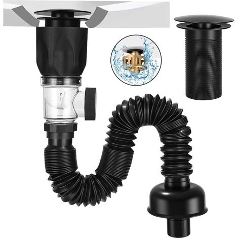 Kit de Bonde de Lavabo, Siphon Lavabo Avec Pop-Up Bouchon de Vidange de Filtre et Tuyau de Vidange Flexible, Rétractable 300-1000mm, Pour Bain et Cuisine, Résistant Aux Odeurs Et Aux Insectes (1/5)