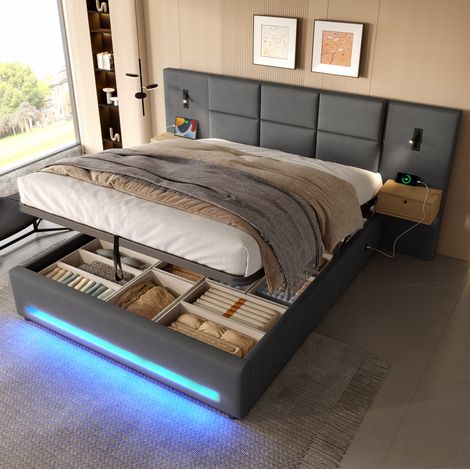 lit adulte rangement 180x200 velours gris fonce USB HAVRYA (1/5)