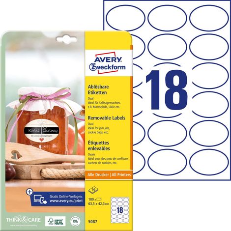AVERY Zweckform 180 etichette autoadesive per bottiglie (63,5 X 42,3 mm,ovale,adesivo),ideali per barattoli,barattoli di spezie,bottiglie di liquore,fatti in casa,in cucina,art.5087) 10 fogli Bianco (1/5)