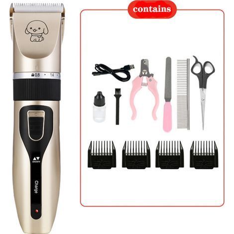 Tondeuse Chien Chat pour Poil Longs/Epais/Courts/Bouclés - Kit Tondeuse de Toilettage Silencieux sans Fil Rechargeable pour Tous Les Animaux, E-Book, Or (1/5)
