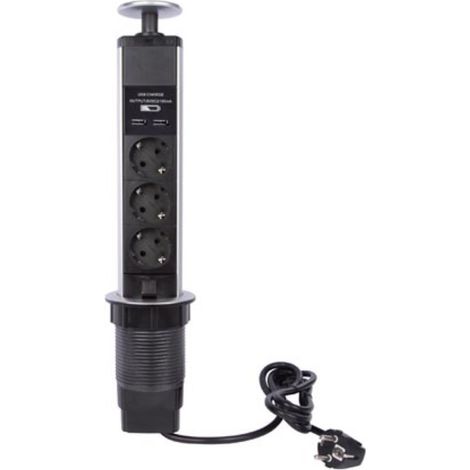 Perel – Multiprise escamotable encastrable 2 prises Schuko type F – 2 ports USB – Câble 1,4 m – Puissance 3680 W – Trou 71 mm pour cuisine et bureau (1/9)