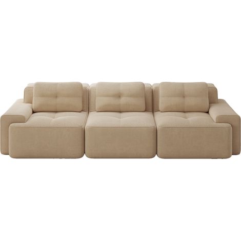 Canapé modulable nuage 3 places en velours côtelé beige, assise profonde 74 cm, sans montage, avec larges accoudoirs et base antidérapante CHICFURN (1/5)