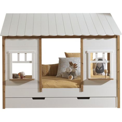 Lit cabane avec tiroir lit HOUSEBED 90x200 – Pin massif blanc & bois clair (1/5)