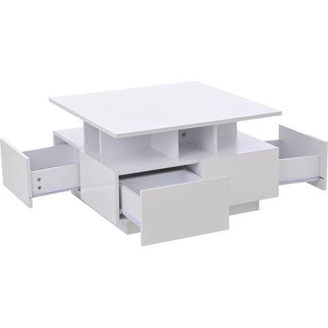Table basse carrée blanche 70x70x40 cm avec LED, 4 tiroirs et rangement en 3 niveaux (1/5)