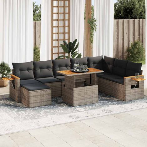 9-tlg. Garten-Sofagarnitur mit Kissen Grau Poly Rattan Akazie (1/5)