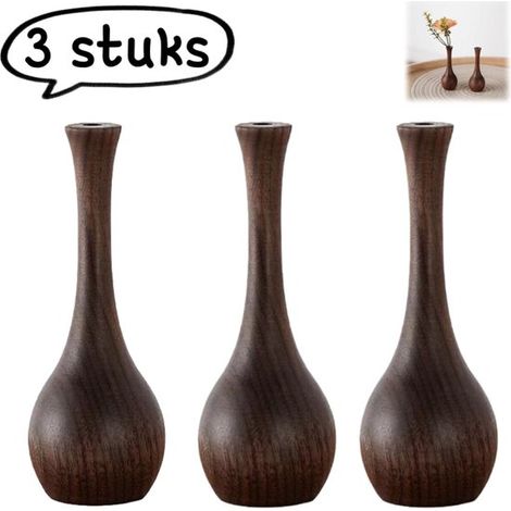 Vase miniature 3 pièces - Vase en bois massif de noyer noir avec diffuseur - Arrangement vintage de fleurs séchées pour la table à manger - Noir et brun (1/5)