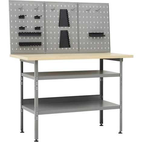 Banco da lavoro 120 cm con 3 pannelli a parete tavolo da lavoro da officina grigio nero 020003656