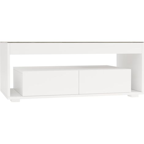 Tavolino da salotto rettangolare con LED 100x50x40 cm, vetro temperato, 2 cassetti, bianco (1/5)