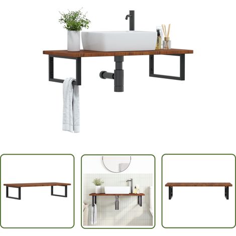 The Living Store Étagère de vasque murale acier et bois de chêne massif - Meuble De Salle De Bain - Étagère Murale - Étagère De Lavabo - Meuble Suspendu - Rangement Salle De Bain (1/5)