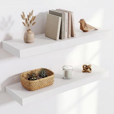 Étagère Murale en Bois, Version Extra résistante, Longueur 60 cm, Tablette Murale pour Salon, Salle de Bain, Chambre, Cuisine, Blanc, Lot de 2 (1/5)