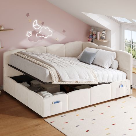 Lit coffre rembourré 140x190 cm - avec port USB et poche de rangement - Tissu velours - Sommier à lattes - Beige (sans matelas)