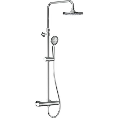 Colonne de douche thermostatique chromée – Douche de tête ABS Ø 200 mm – Douchette à main 3 jets Ø 95 mm – Flexible PVC 150 cm – Anconetti