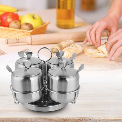 Pot à épices rotatif en acier inoxydable pour sel et épices, quatre flacons à assaisonnement avec cuillère et couvercle (1/5)