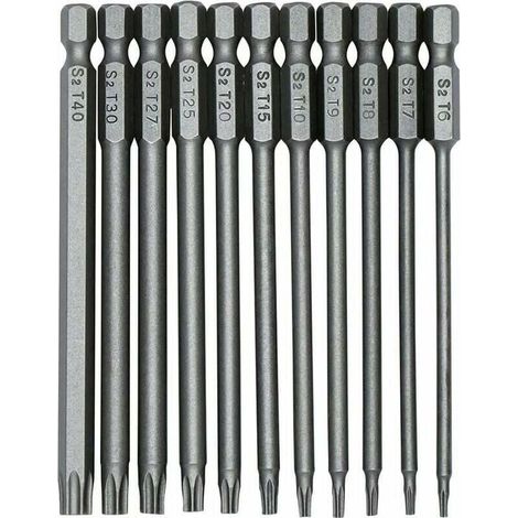11 Pièces 100mm S2 1/4Pouce Torx Tournevis Bits à Tige Hexagonale de Précision Foret Tournevis Magnétique de Sécurité T6-T40 Tournevis à Tête Longue Torx -- (1/5)