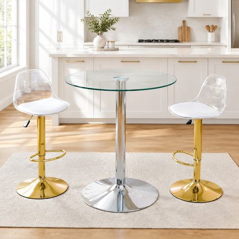 Set tavolo da bar con 2 sgabelli 89 x 89 x 104 cm in vetro trasparente, regolabile FloraGrace (1/5)