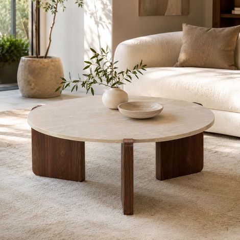 Table basse ronde 80x35 cm en travertin beige et noyer (1/5)