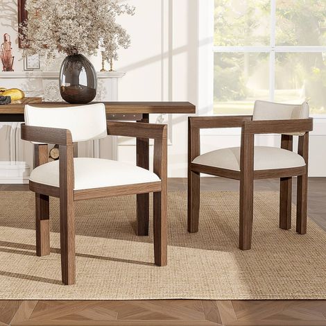 Lot de 2 chaises bois massif noyer, assise tissu lin beige, confortables et respirantes, style moderne (1/5)