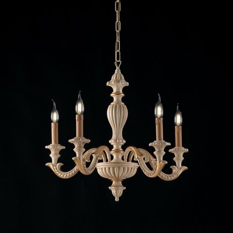 Lámpara de araña de cinco luces de madera de marfil y pan de oro 53x h57 cm