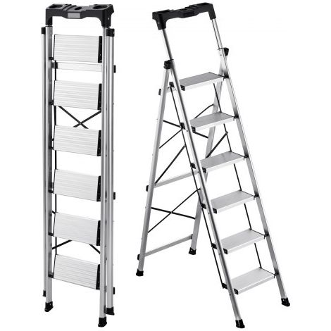 Escalera de Aluminio Plegable 6 Peldaños, Escalera de Tijera con Pedal Antideslizante y Empuñadura Cómoda, Capacidad de 150 kg, Taburete Multifuncional para Cocina, Almacén, Hogar, Oficina (1/5)