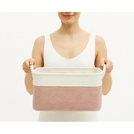 Boîte de rangement en tissu doux, multi-tailles, panier rectangulaire pour étagère, armoire, jouets et vêtements, 31 x 21 x 16 cm, rose et blanc (petit, lot de 1)