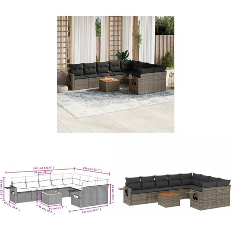 10-tlg. Garten-Sofagarnitur mit Kissen Grau Poly Rattan - Gartenmöbel Set - PE-Rattan Möbel - Outdoor Lounge - Esszimmergarnitur - Balkonmöbel - Home & Living (1/3)
