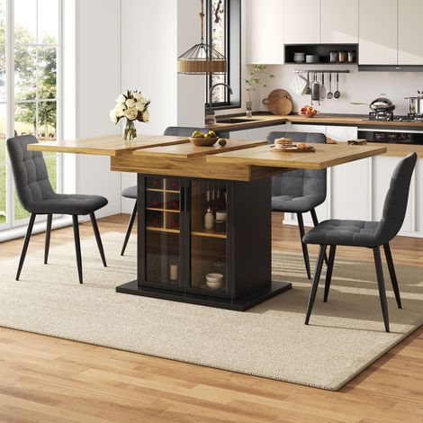 ELVMI Tavolo da Pranzo per 4-6 Persone Allungabile con Portabottiglie e Anta in Vetro 110×80×76 cm Nero (1/5)