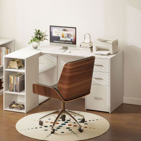 Bureau d'Angle, Bureau Informatique en L, 3 Tiroirs, 5 Compartiments Ouverts, Étagères Réglables, 140x100x75cm, Blanc (1/5)