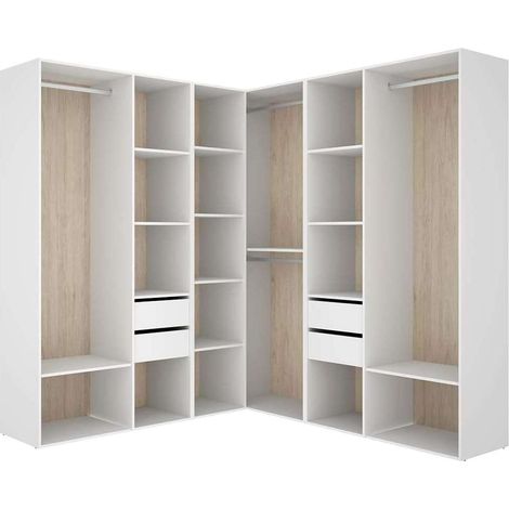 Vestidor de rincón Reus 4 cajones, estantes y trasera reversible en blanco/natural, 204.5cm(alto) 182.4cm(ancho) 186.3cm