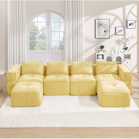 Sofá modular en U de 4 plazas con 2 pufs, sin estructura, tejido de poliéster amarillo DESVIAE (1/5)