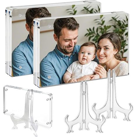 Lot de 2 cadres photo magnétiques en acrylique transparent de 15,2 x 10,2 cm avec support – Affichage double face sans cadre pour décoration de maison/bureau, design cube flottant,