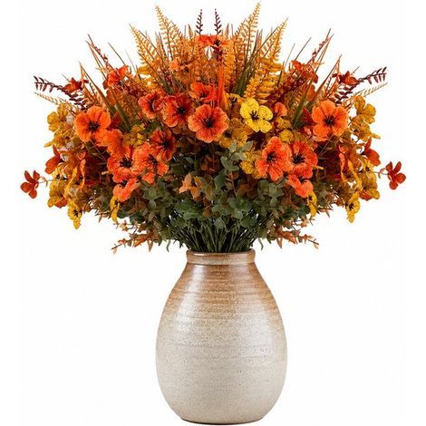 Künstlicher Blumenstrauß – 42 cm – Orange und Gelb – Herbststrauß mit Veilchen, Eukalyptus und Farnen – Pflegeleichter Landhausstrauß (1/5)