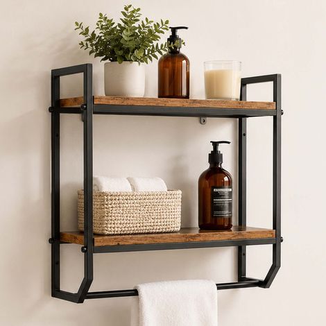 Relaxdays estantería de pared, 2 baldas, toallero, hierro y MDF, baño y cocina, 40x40x15 cm, colgante, marrón/negro (1/5)