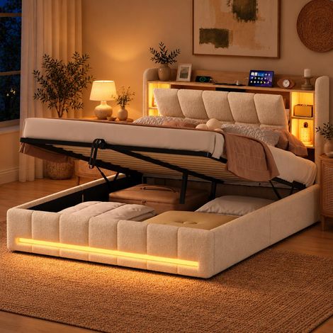 Lit coffre 160x200 cm, lit adulte double en tissu bouclé, tête de lit à rangements, LED, USB prises et sommier à lattes, style contemporain, beige (1/5)
